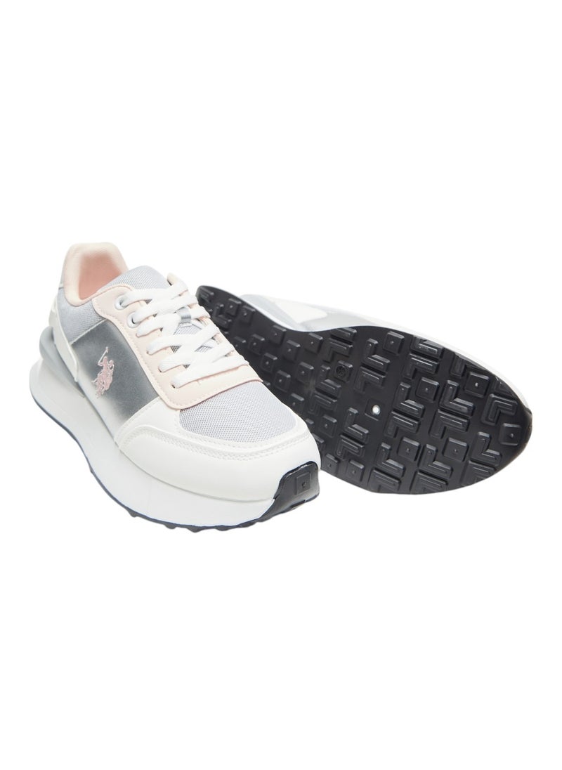 Women's White and Grey Low-Top Sneakers - Lightweight with White Sole, Comfortable Casual Shoes