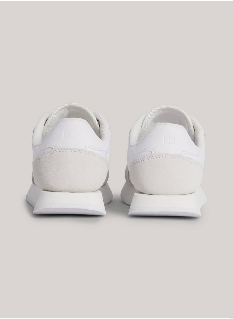 Women's Suede Mixed Texture Runner Trainers - Suede upper, White