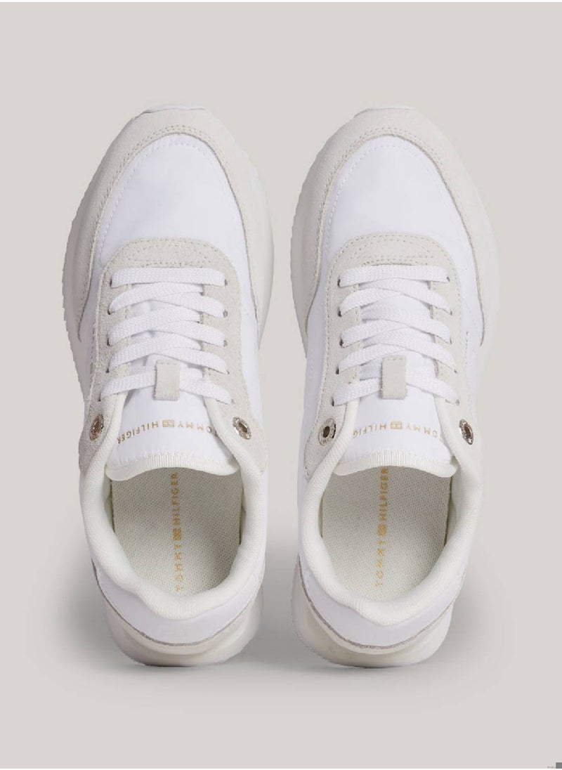 Women's Suede Mixed Texture Runner Trainers - Suede upper, White