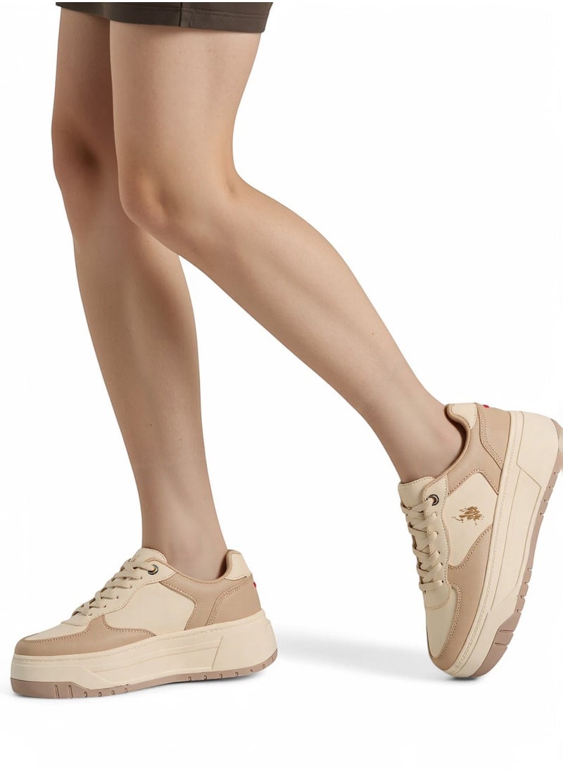 Women's Beige Low-Top Sneakers - Chunky Outsole With Foam Padding , Versatile Casual Shoes for Everyday Comfort