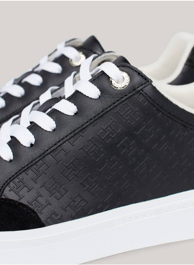 Women's Th Monogram Leather Mixed Texture Sneakers - Leather upper, Black