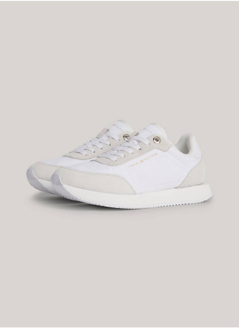 Women's Suede Mixed Texture Runner Trainers - Suede upper, White