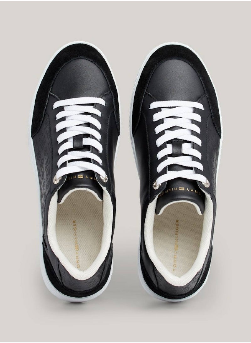 Women's Th Monogram Leather Mixed Texture Sneakers - Leather upper, Black