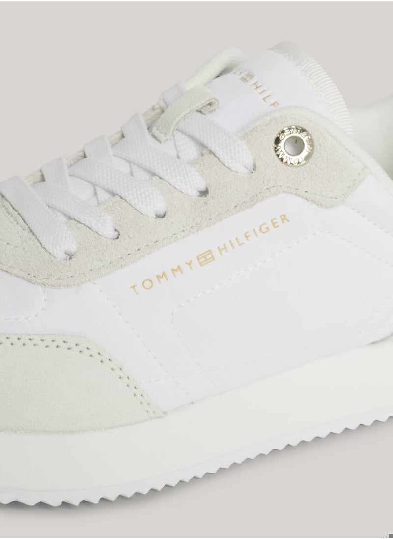 Women's Suede Mixed Texture Runner Trainers - Suede upper, White