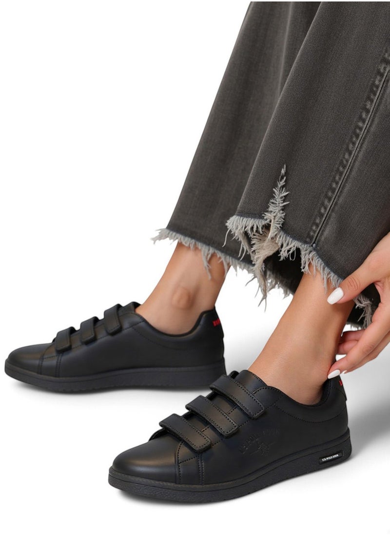 Women's Black Low-Top Casual Sneakers with Triple Velcro Strap - Sleek Everyday Style and Comfort for Effortless Wear