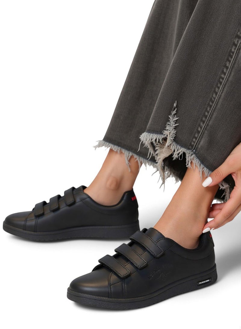 Women's Black Low-Top Casual Sneakers with Triple Velcro Strap - Sleek Everyday Style and Comfort for Effortless Wear