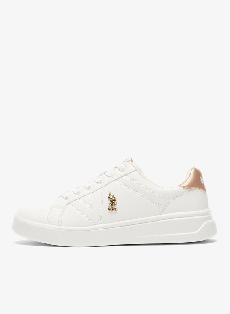 Women's White Low-Top Sneakers - Classic Style Shoes with Gold Accent and Cushioned Comfort Sole for Everyday Wear