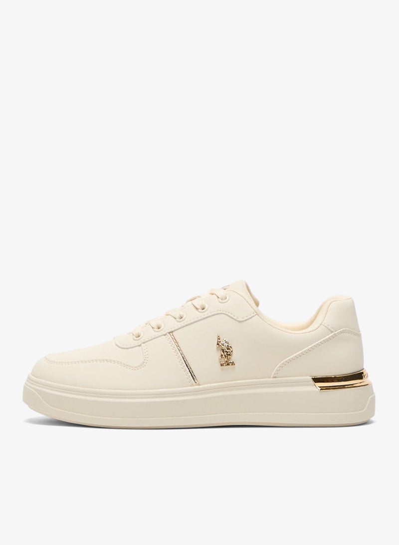Women's Beige Low-Top Sneakers with Gold Heel Accent - Minimalist Shoes and Stylish