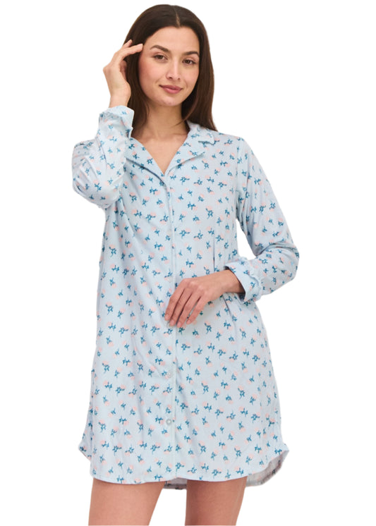 Women Floral Print Long Sleeve Sleep Shirt, Light Blue Combo