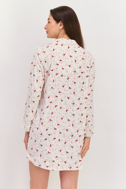 Women Allover Print Full Sleeves Pajamas, Ivory Combo