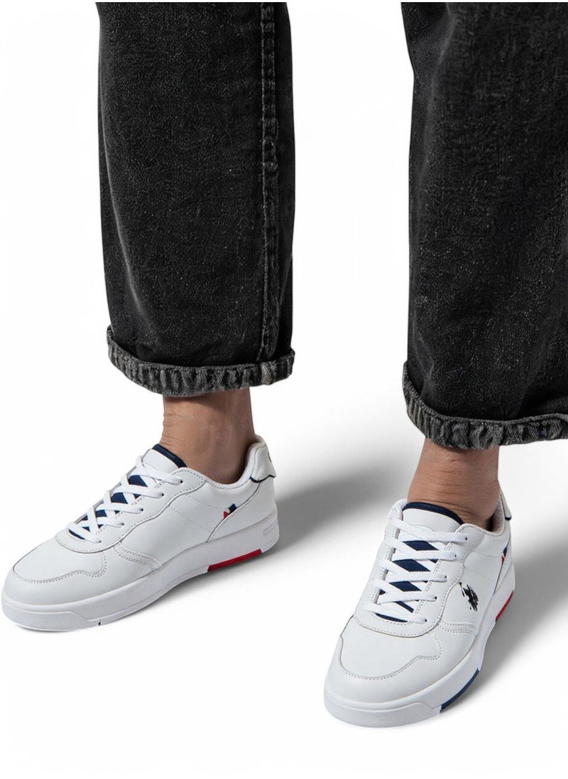 Men's White Low-Top Sneakers - Lightweight, Minimalist Design with Red & Blue Accents