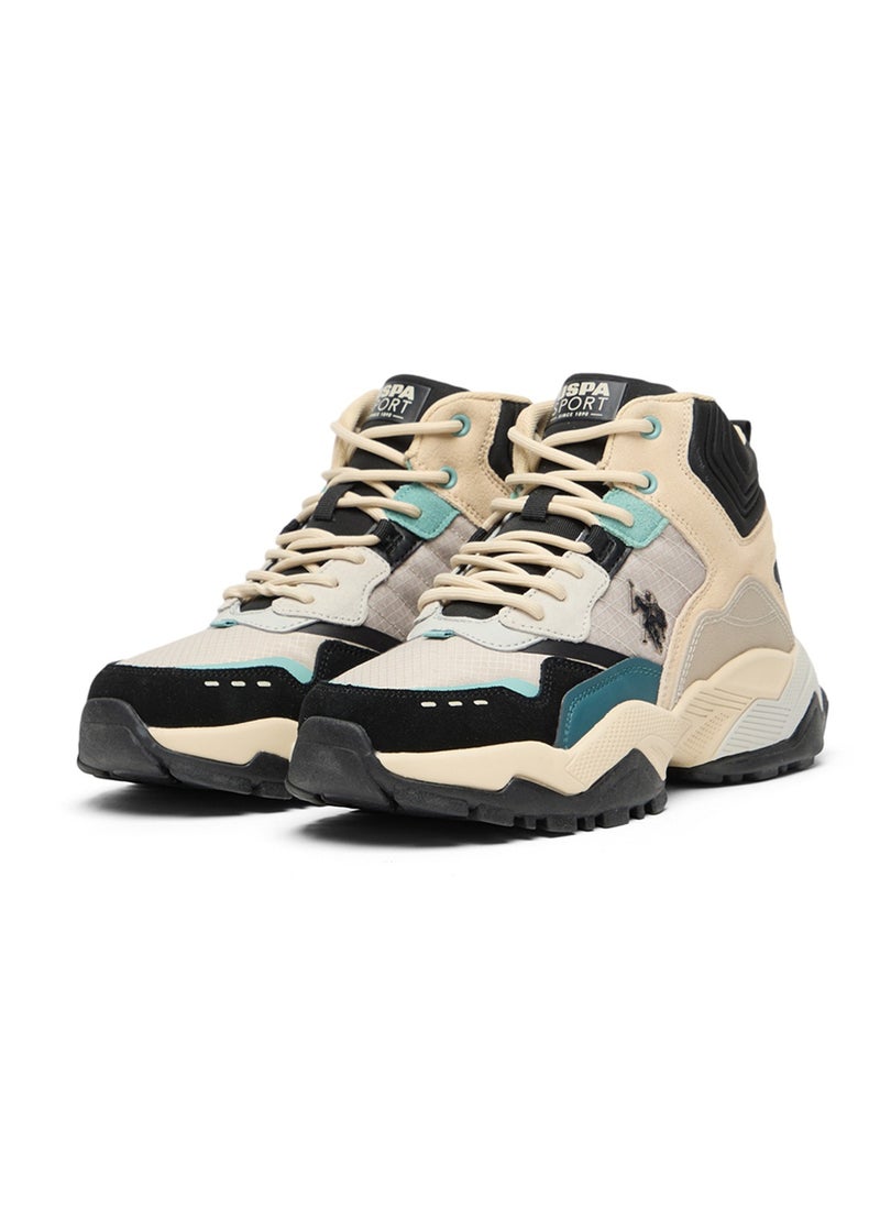 Women's Beige High-Top Sneakers - Rugged Style with Durable Sole and Multi-Color Accents for Outdoor Wear