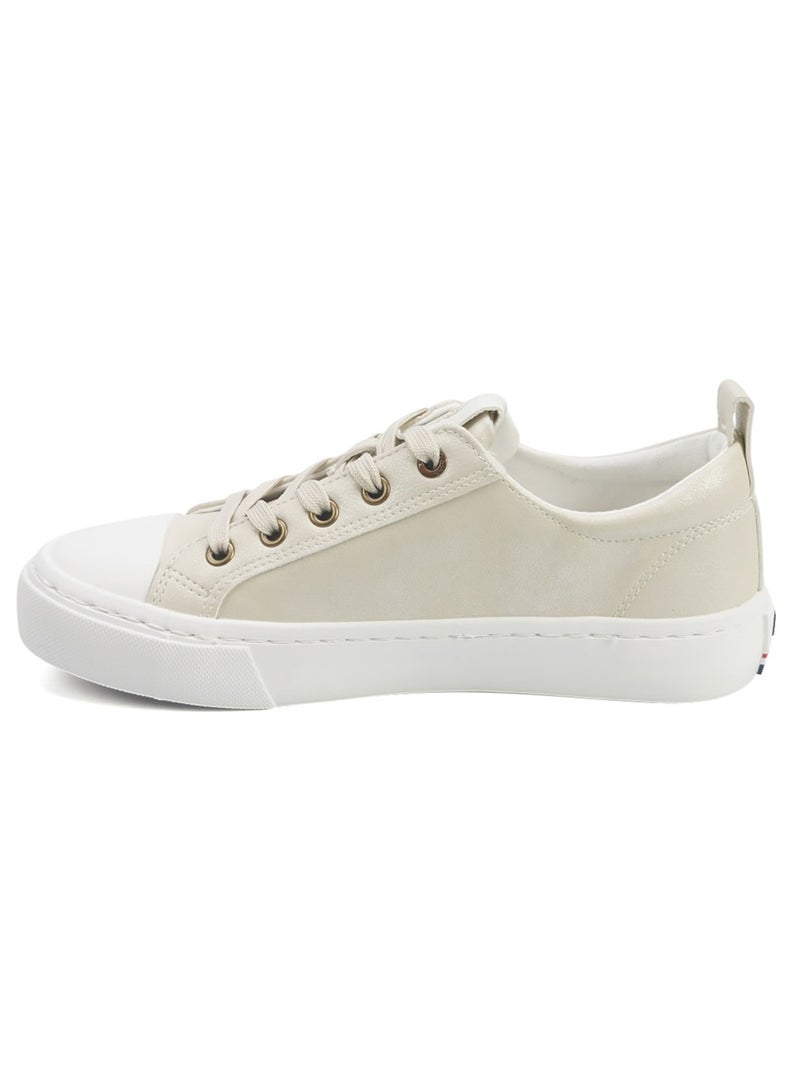 Women's Beige Low-Top Sneakers - Lightweight with White Sole, Comfortable Casual Shoes