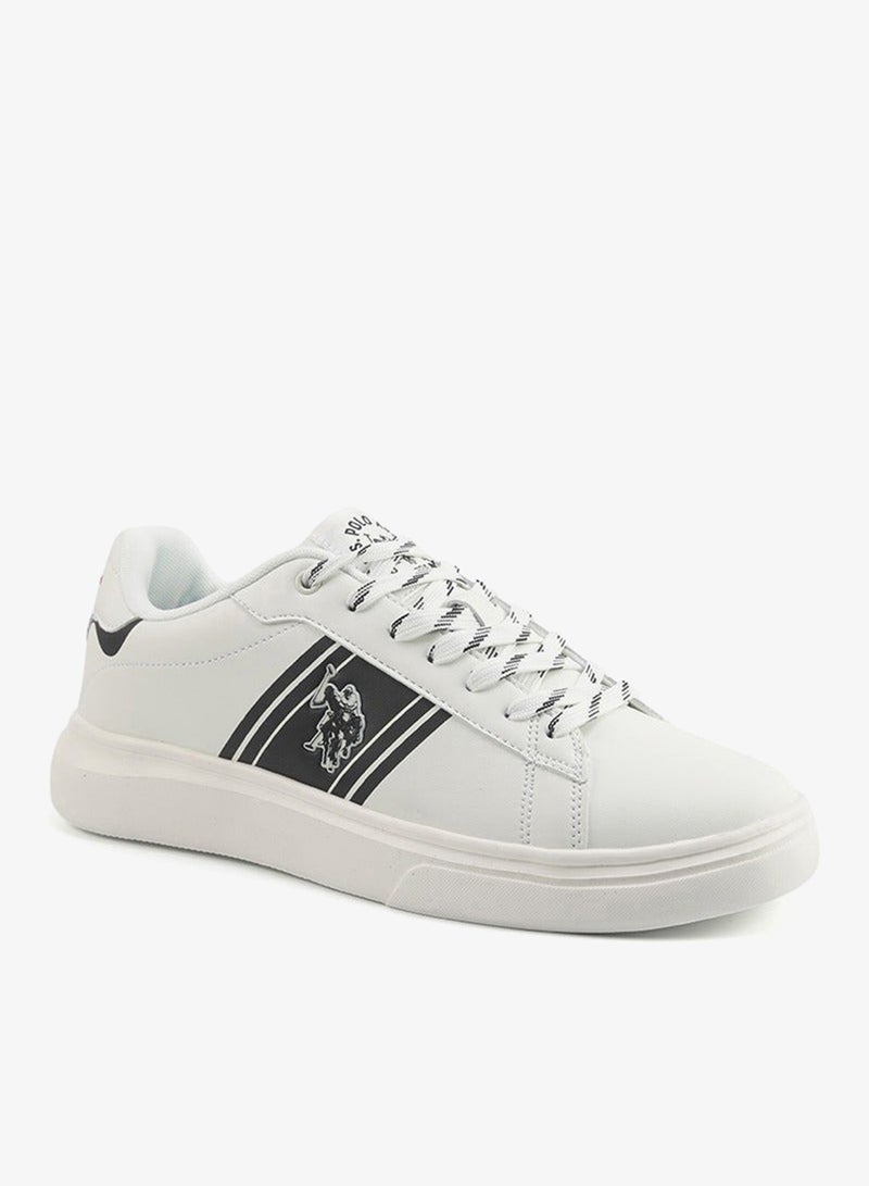 Men's White Sneakers with Bold Side Logo Shoes - Sporty Striped Design Shoes for Effortless Everyday Styling