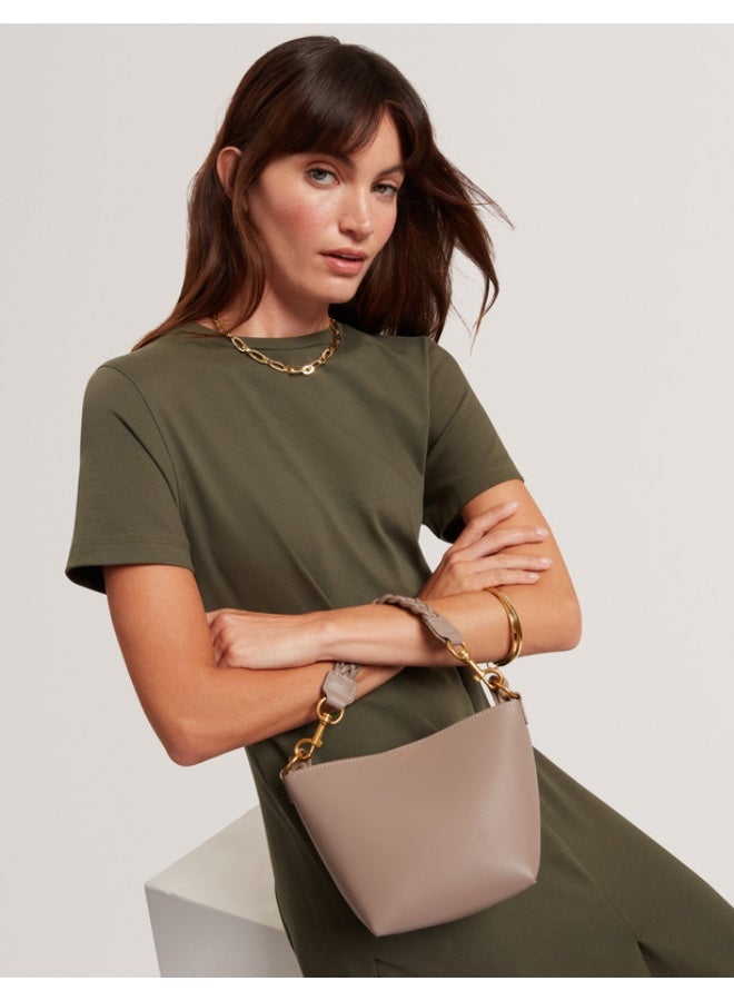 Weave Handle Leather Small Bucket Bag
