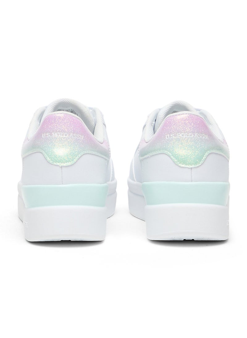 Women's White Platform Sneakers with Iridescent Heel and Pink Logo - Casual Lace-Up Design with Comfort Cushioned Sole for Everyday Wear