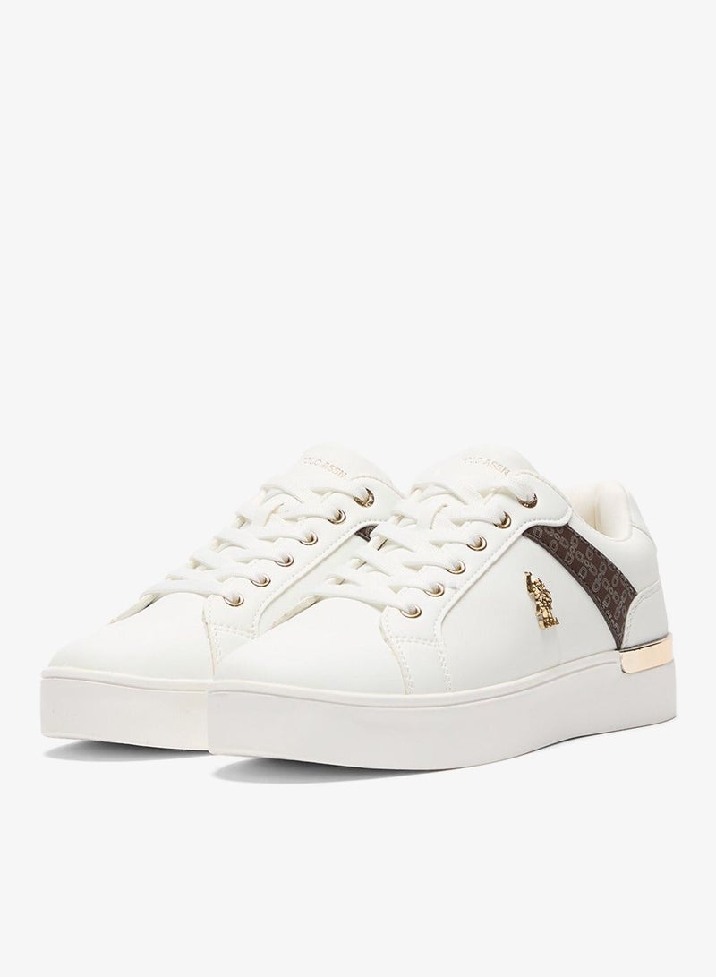 Women's White Low-Top Sneakers - Classic Style with Dark Brown Accent and Gold Logo Detail for Elegant Everyday Wear Shoes