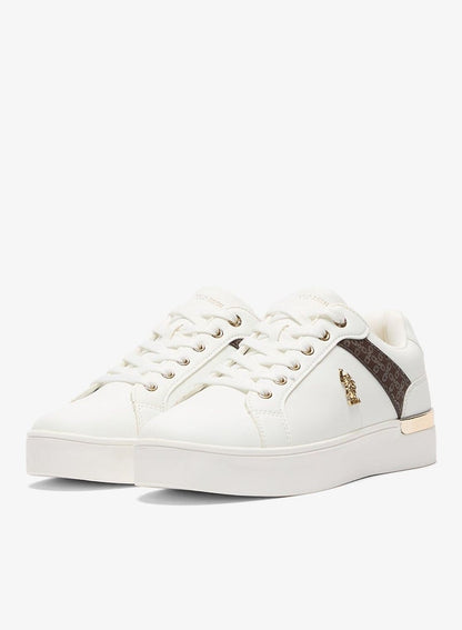Women's White Low-Top Sneakers - Classic Style with Dark Brown Accent and Gold Logo Detail for Elegant Everyday Wear Shoes