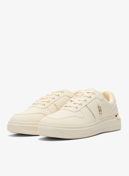 Women's Beige Low-Top Sneakers with Gold Heel Accent - Minimalist Shoes and Stylish