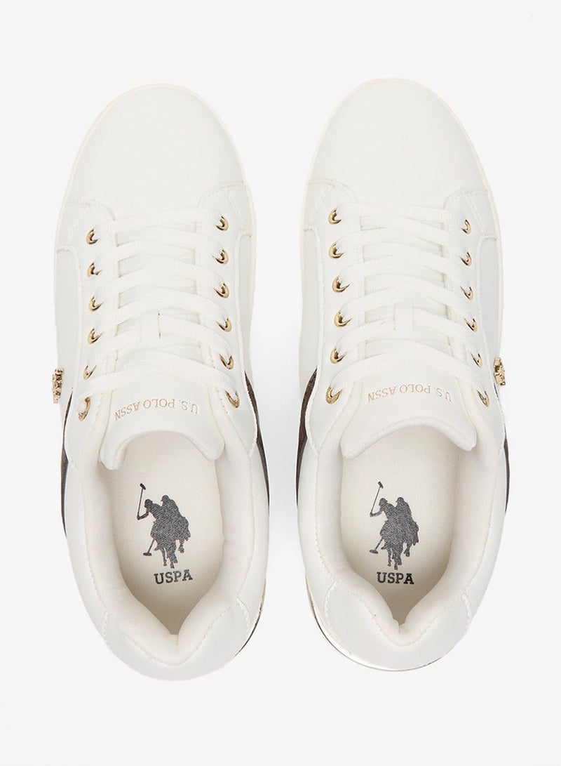 Women's White Low-Top Sneakers - Classic Style with Dark Brown Accent and Gold Logo Detail for Elegant Everyday Wear Shoes