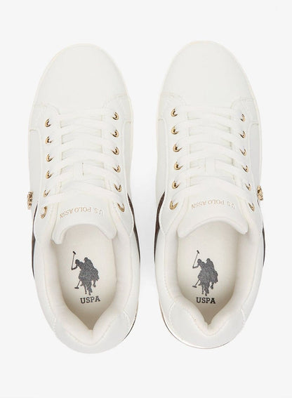 Women's White Low-Top Sneakers - Classic Style with Dark Brown Accent and Gold Logo Detail for Elegant Everyday Wear Shoes