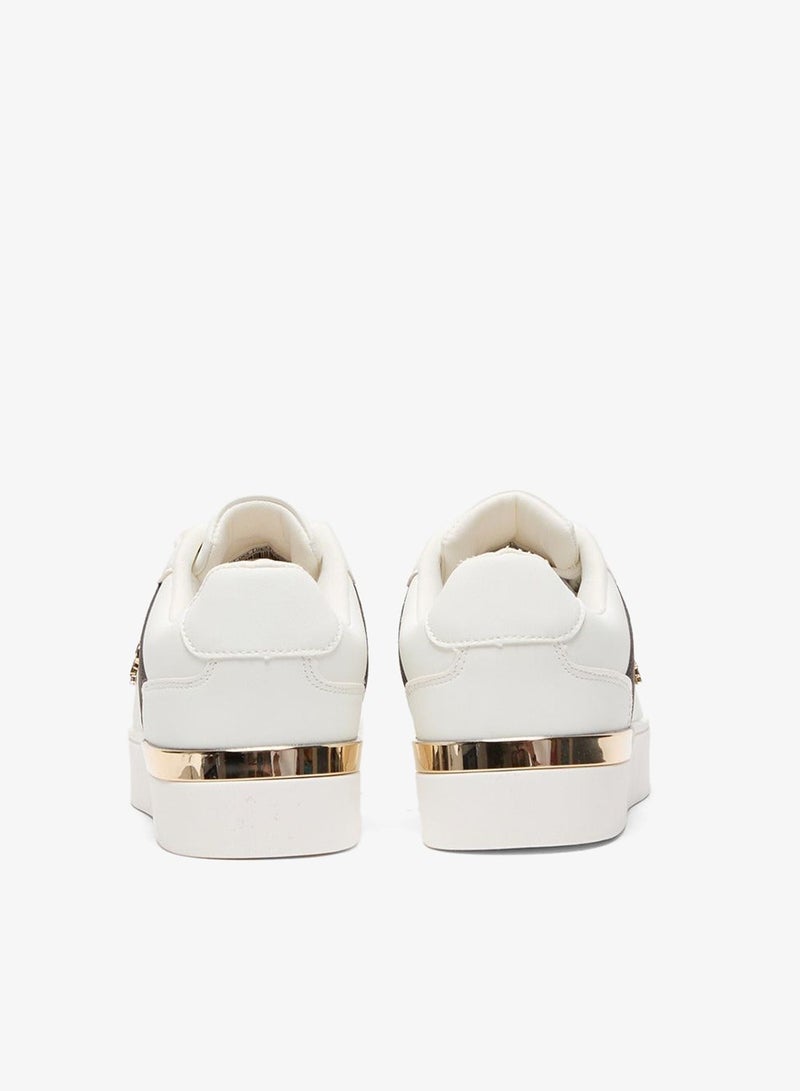 Women's White Low-Top Sneakers - Classic Style with Dark Brown Accent and Gold Logo Detail for Elegant Everyday Wear Shoes