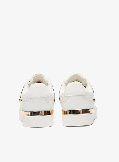 Women's White Low-Top Sneakers - Classic Style with Dark Brown Accent and Gold Logo Detail for Elegant Everyday Wear Shoes
