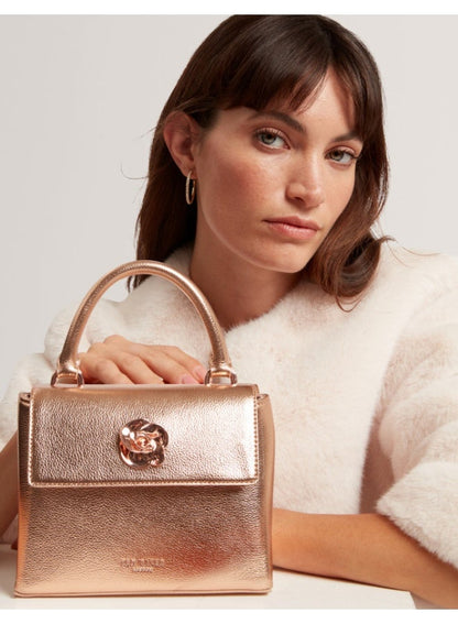 Rose Detail Mini Metallic Top Handle Bag