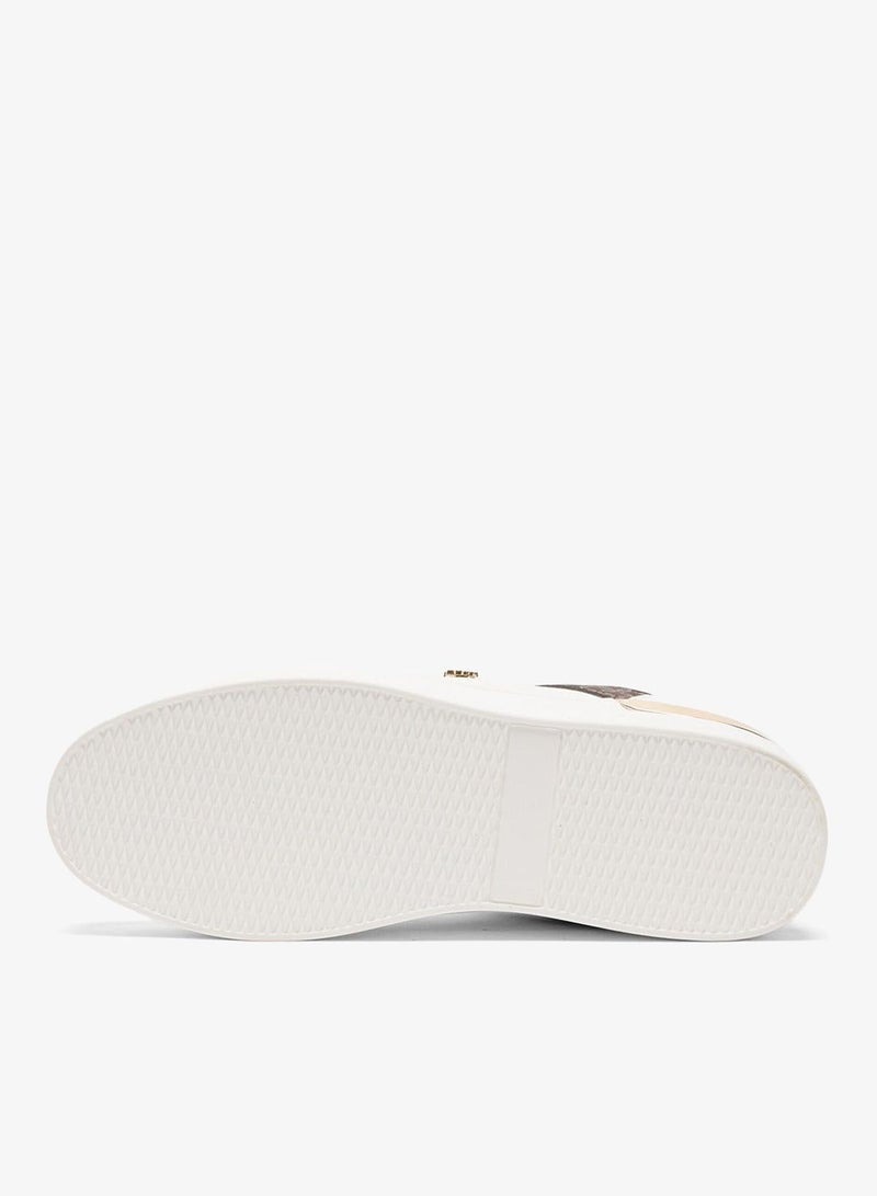 Women's White Low-Top Sneakers - Classic Style with Dark Brown Accent and Gold Logo Detail for Elegant Everyday Wear Shoes