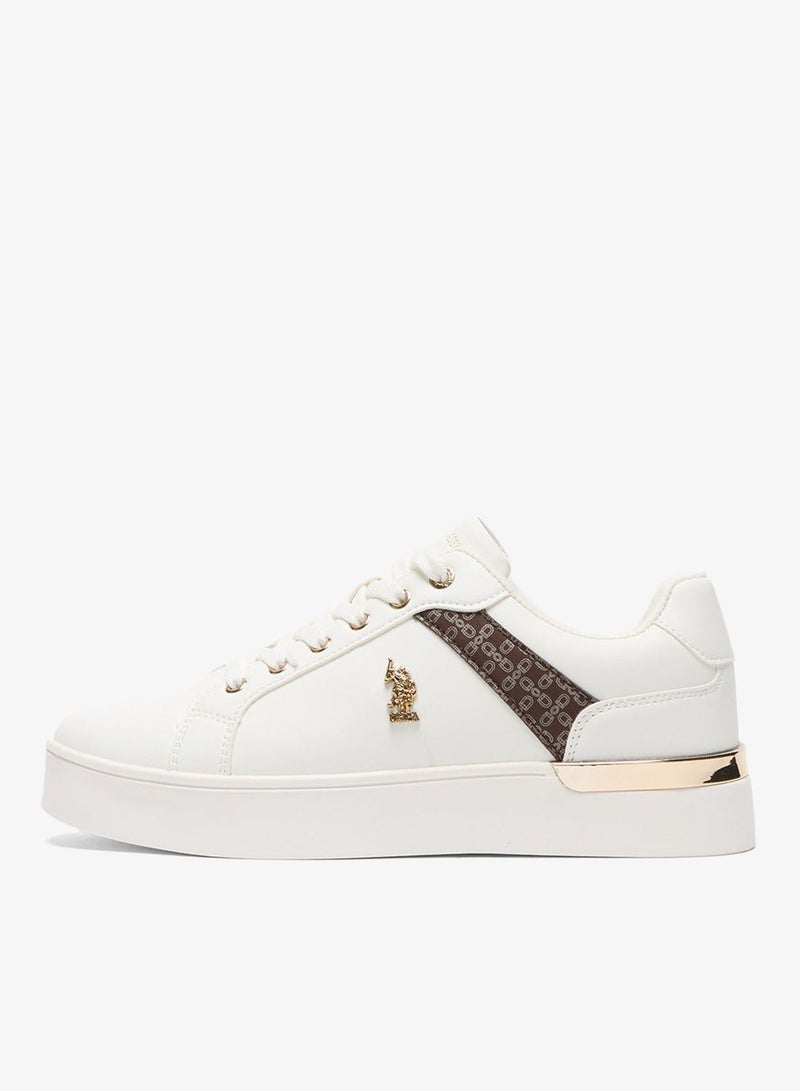 Women's White Low-Top Sneakers - Classic Style with Dark Brown Accent and Gold Logo Detail for Elegant Everyday Wear Shoes