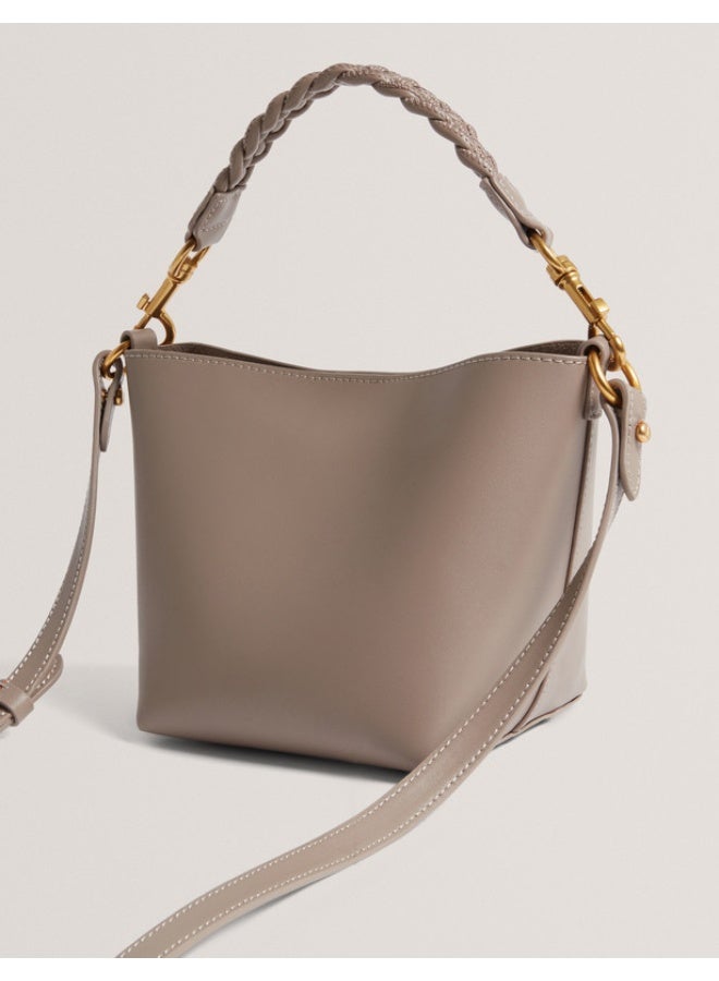 Weave Handle Leather Small Bucket Bag