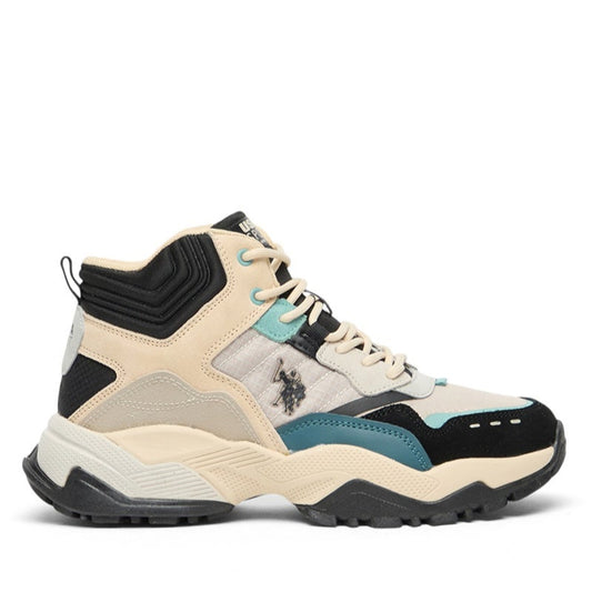 Women's Beige High-Top Sneakers - Rugged Style with Durable Sole and Multi-Color Accents for Outdoor Wear
