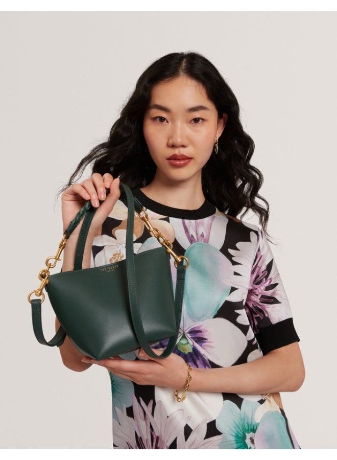 Weave Handle Leather Small Bucket Bag