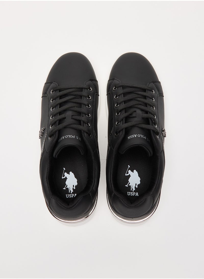 Women's Black Low-Top Sneakers - Chic Design with Grey Accent and Metal Logo Detail for Casual Elegance