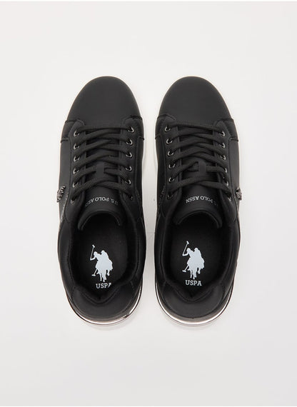 Women's Black Low-Top Sneakers - Chic Design with Grey Accent and Metal Logo Detail for Casual Elegance