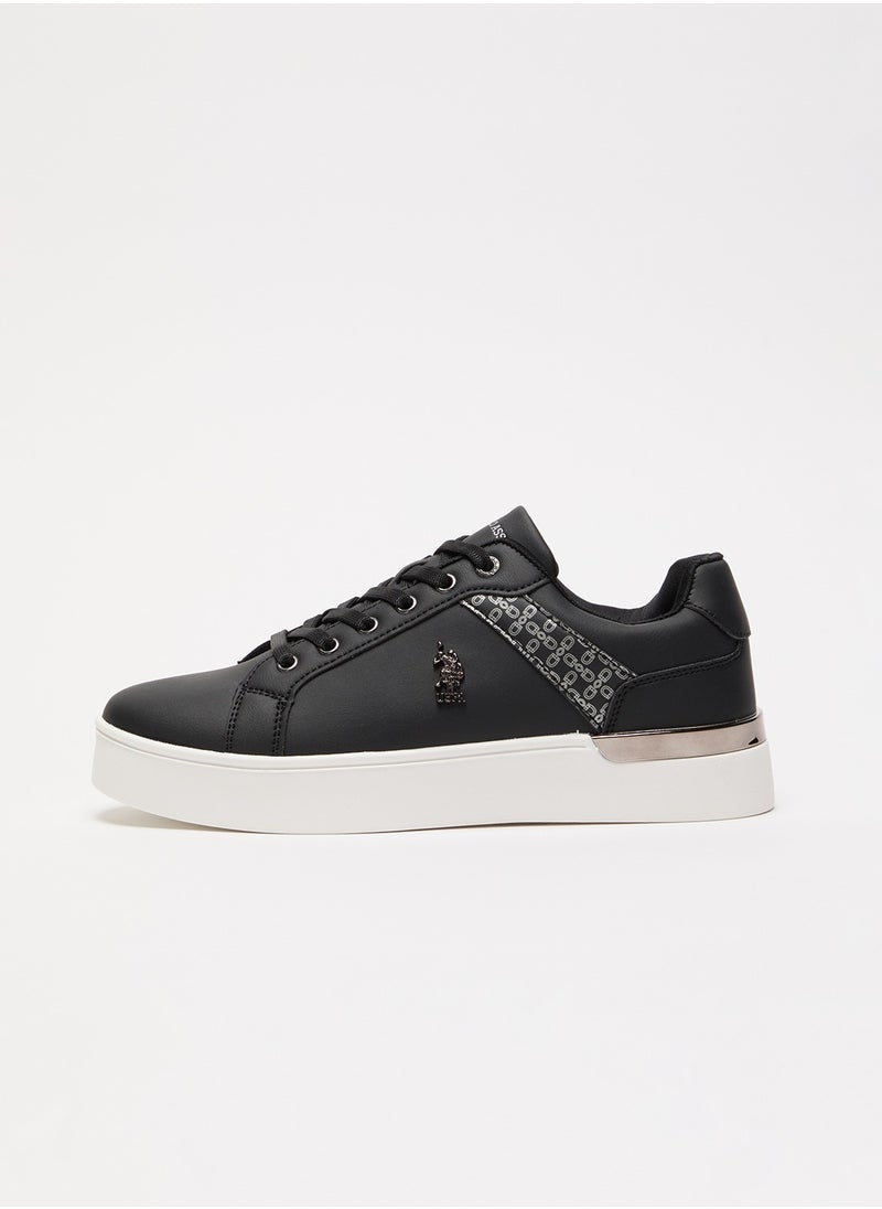 Women's Black Low-Top Sneakers - Chic Design with Grey Accent and Metal Logo Detail for Casual Elegance