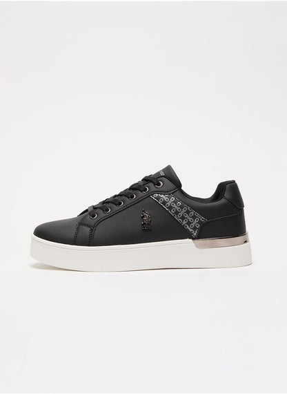Women's Black Low-Top Sneakers - Chic Design with Grey Accent and Metal Logo Detail for Casual Elegance