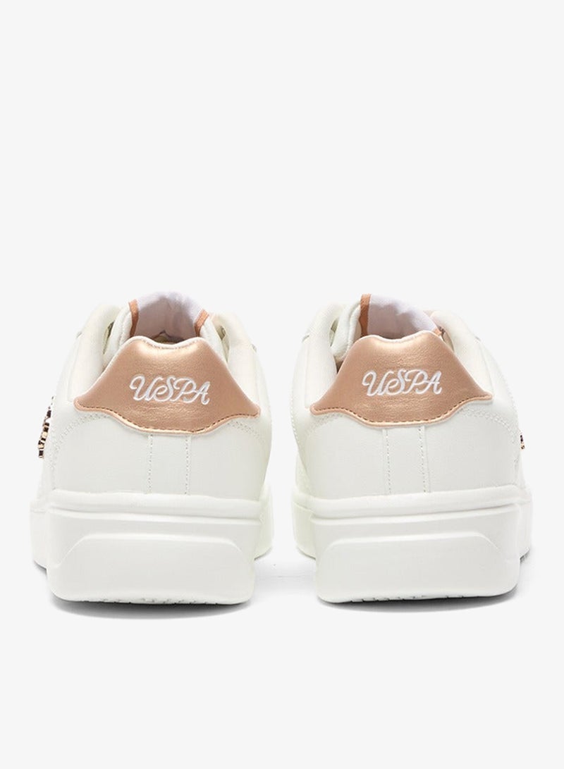 Women's White Low-Top Sneakers - Classic Style Shoes with Gold Accent and Cushioned Comfort Sole for Everyday Wear