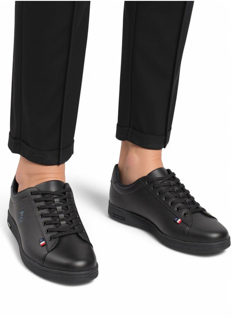 Men's Black Low-Top Sneakers - Bold Lace-Up Style, Comfortable Casual Footwear