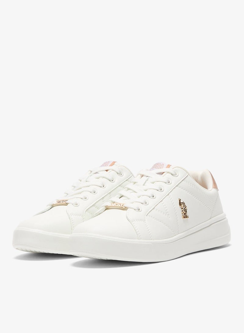Women's White Low-Top Sneakers - Classic Style Shoes with Gold Accent and Cushioned Comfort Sole for Everyday Wear