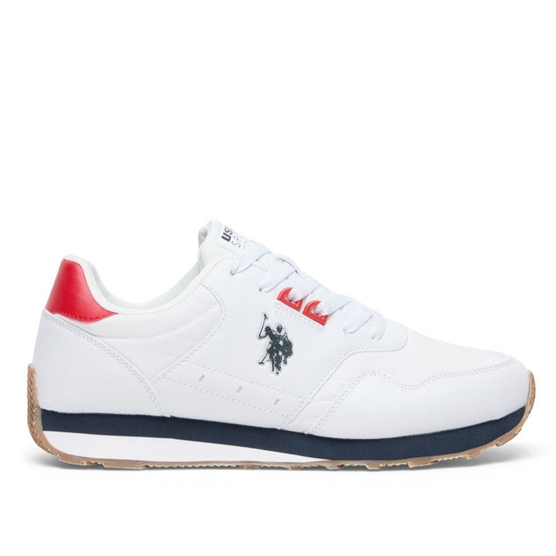 Men's White Low-Top Sneakers, Lightweight with Red and Navy Accents - Lace-Up Design with Comfort Cushioned Sole for Casual Everyday Wear
