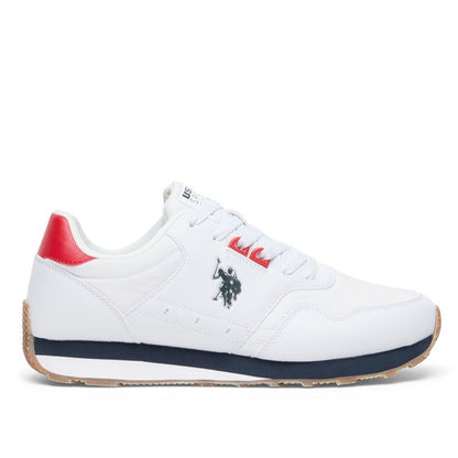 Men's White Low-Top Sneakers, Lightweight with Red and Navy Accents - Lace-Up Design with Comfort Cushioned Sole for Casual Everyday Wear
