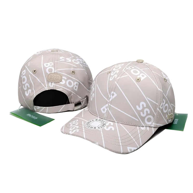 BOSS Beige Baseball Cap with All - Over White Logo Print