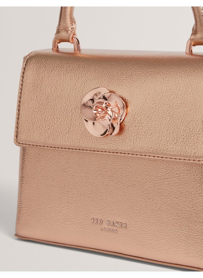 Rose Detail Mini Metallic Top Handle Bag