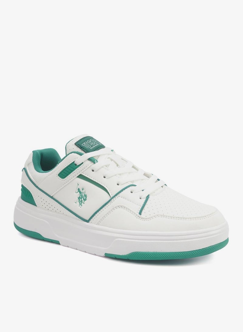 Men's White Low-Top Sneakers - Lightweight Shoes Modern Design with Green Accents