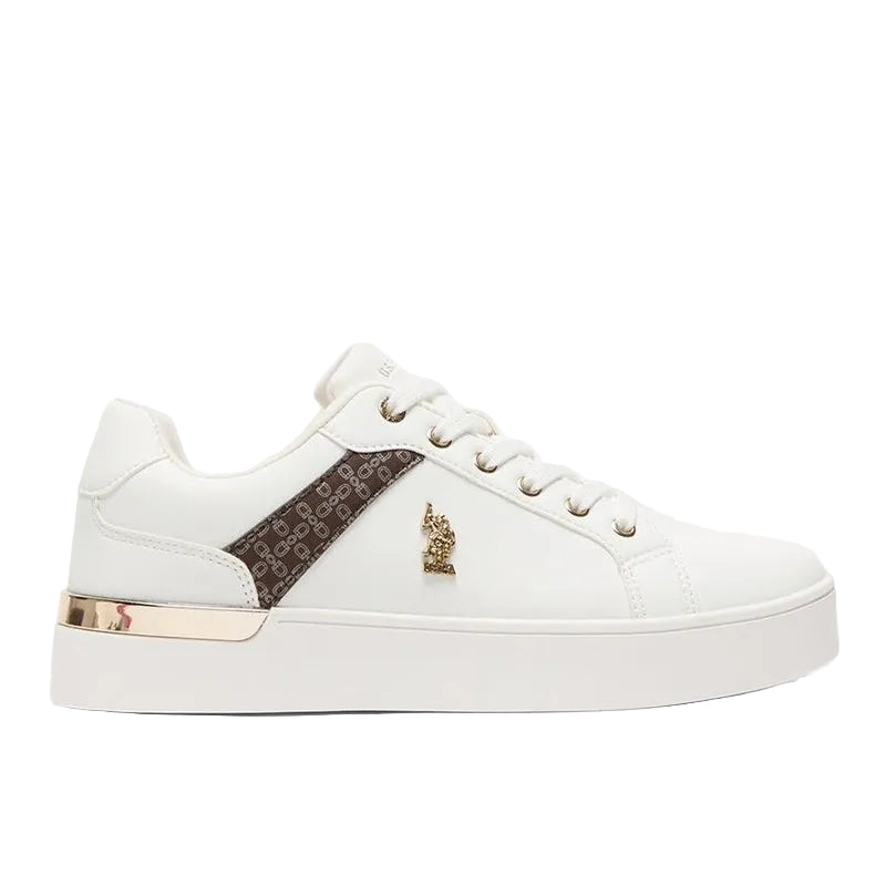 Women's White Low-Top Sneakers - Classic Style with Dark Brown Accent and Gold Logo Detail for Elegant Everyday Wear Shoes