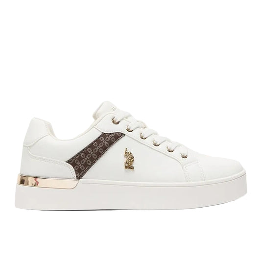 Women's White Low-Top Sneakers - Classic Style with Dark Brown Accent and Gold Logo Detail for Elegant Everyday Wear Shoes