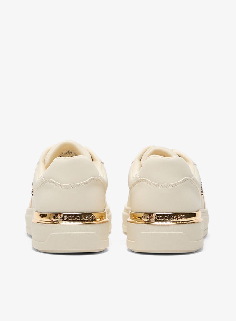 Women's Beige Low-Top Sneakers with Gold Heel Accent - Minimalist Shoes and Stylish