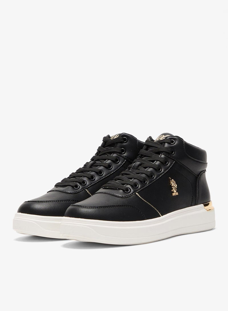 Women's Black High-Top Sneakers with Golden Accents - Sleek and Modern Design Shoes