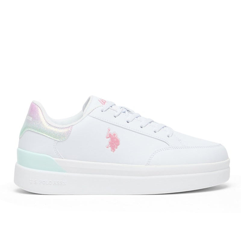 Women's White Platform Sneakers with Iridescent Heel and Pink Logo - Casual Lace-Up Design with Comfort Cushioned Sole for Everyday Wear
